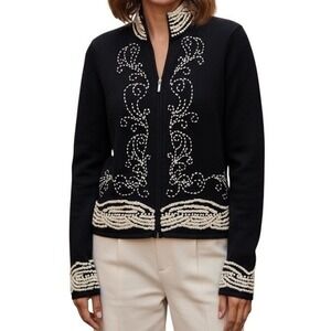 🆕 WHITE HOUSE BLACK MARKET Black Ivory Embroidered Double Zip Cardigan Sweater M